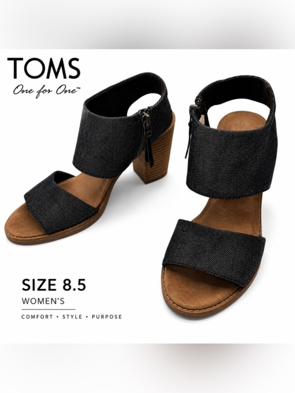 TOMS Dark Denim Canvas Block Heel Sandals | Women’s Size 8.5
